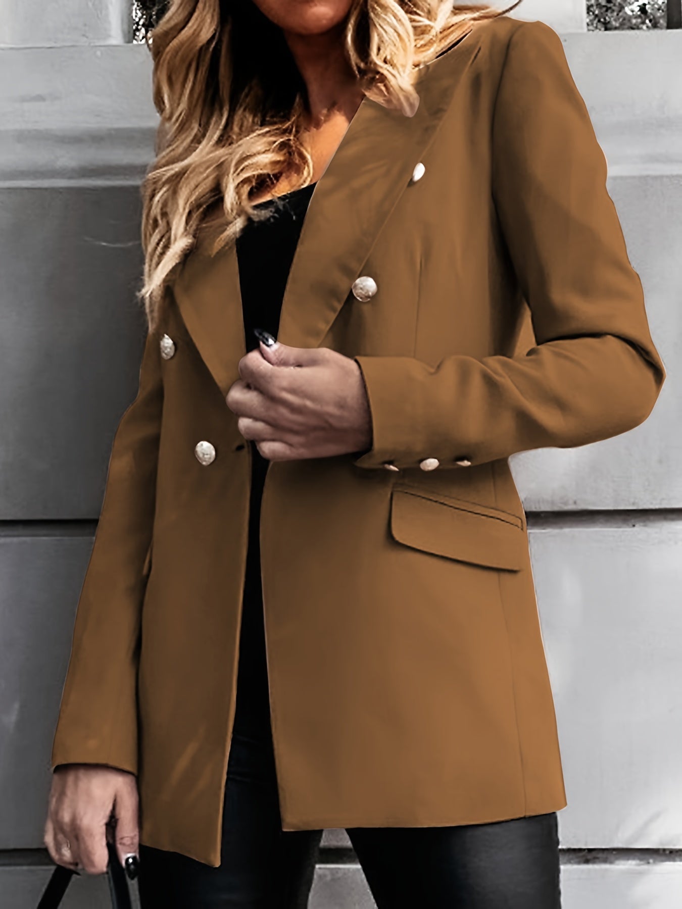Lange Elegante Damesblazer met Dubbele Knoopsluiting – Zakelijke Stijl voor Elk Seizoen