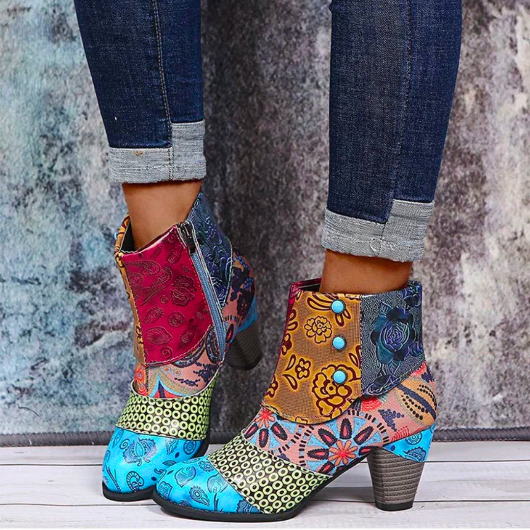 Dames Patchwork Enkellaarzen met Hak - Kleurrijk en Trendy