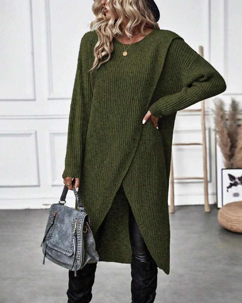 Dames Gebreide Trui Jurk met Patchwork en Lange Mouwen