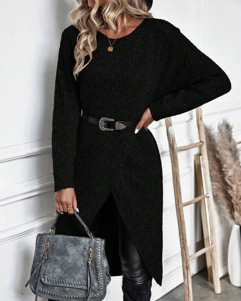 Dames Gebreide Trui Jurk met Patchwork en Lange Mouwen