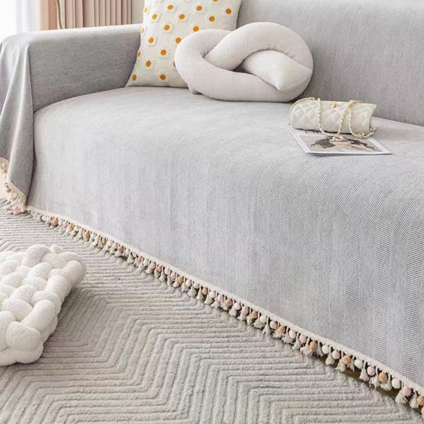 Pet Friendly Herringbone Tassel Luxe Sofa Cover - Modern, Stylish & Durable Sofa Protection