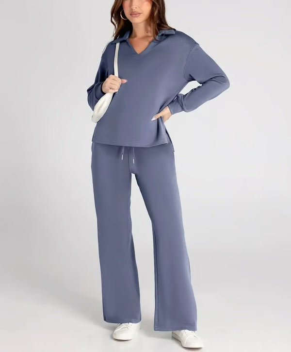 Damen Zweiteiliges Set mit V-Ausschnitt Sweatshirt und Weite Hose – Bequem & Stilvoll – Für Herbst/Winter