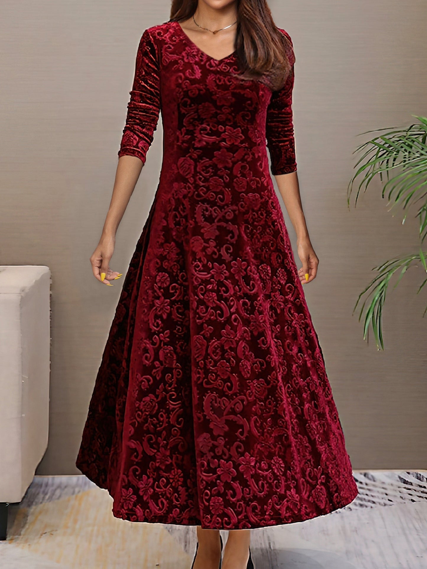 Elegante Grote Maten Herfstjurk met Bloemenprint – Fluweel & Katoen