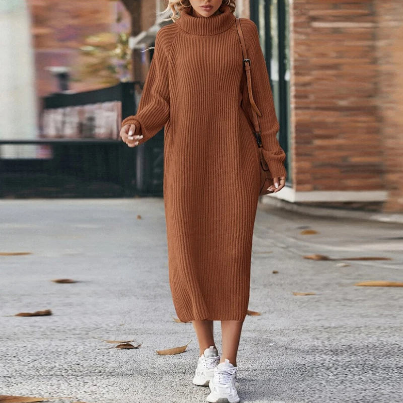 Gebreide Midi Jurk met Lange Mouwen – Damesjurk met Col