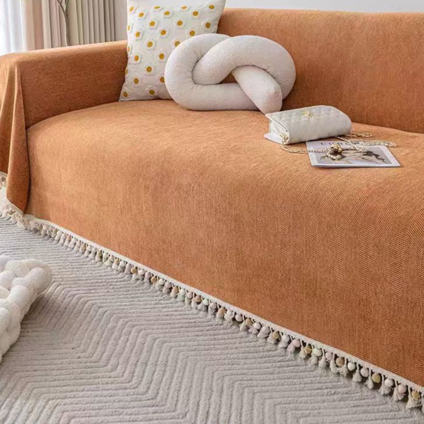 Pet Friendly Herringbone Tassel Luxe Sofa Cover - Modern, Stylish & Durable Sofa Protection
