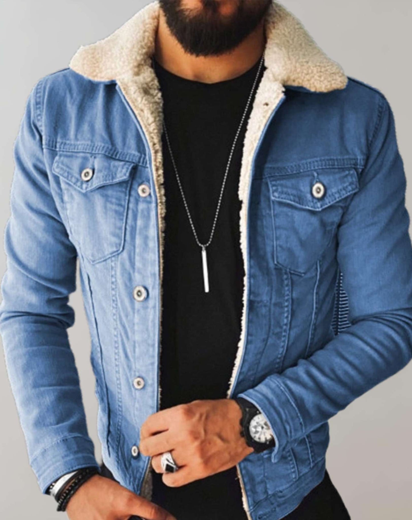 Denim Jas met Fleece Kraag voor Heren – Meerdere Zakken