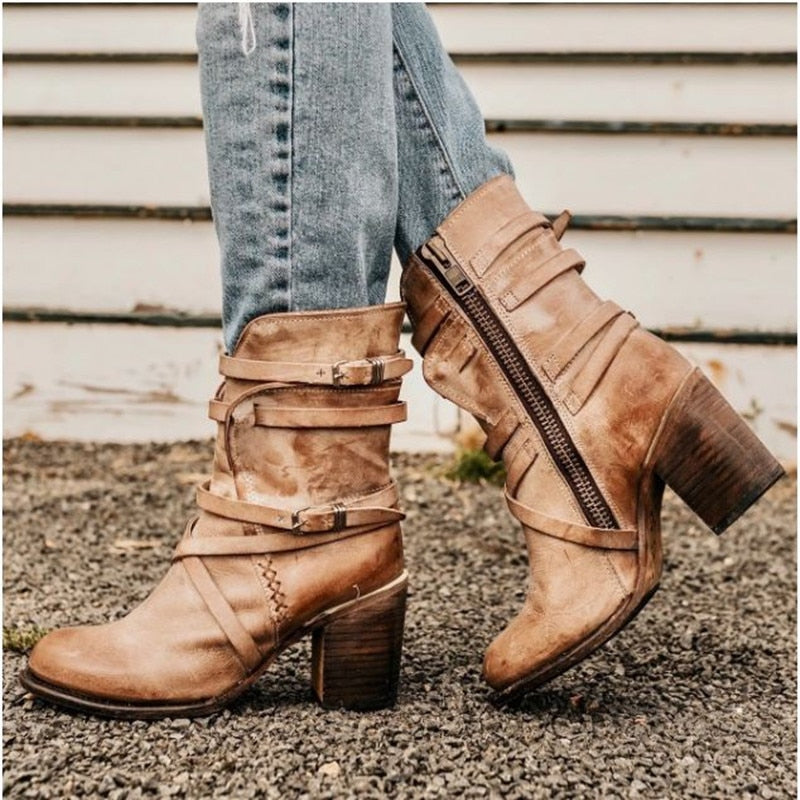 Damen Stiefeletten aus Leder – Lässiger Vintage-Look mit Schnallen und Blockabsatz