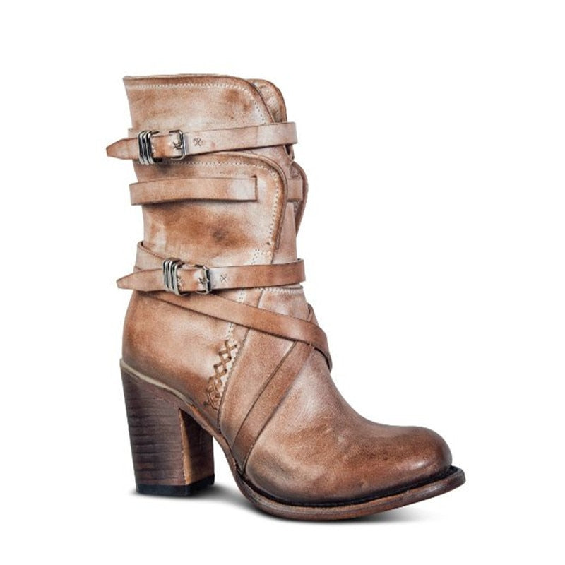 Damen Stiefeletten aus Leder – Lässiger Vintage-Look mit Schnallen und Blockabsatz