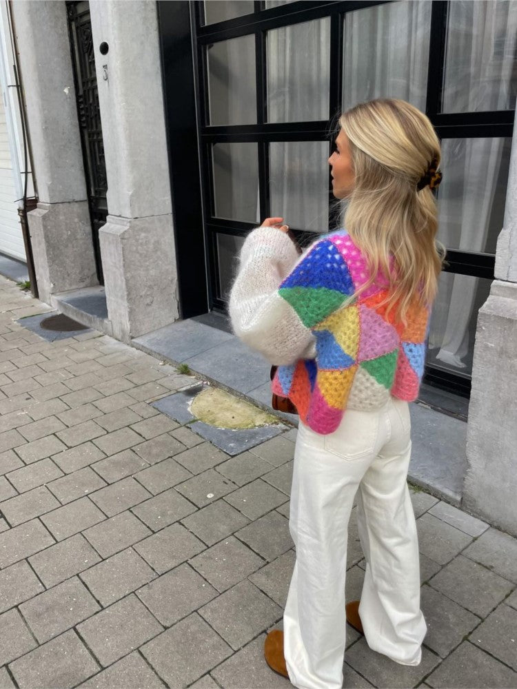 Kleurrige Patchwork Cardigan voor Dames – Zachte Gebreide Trui voor Herfst en Winter