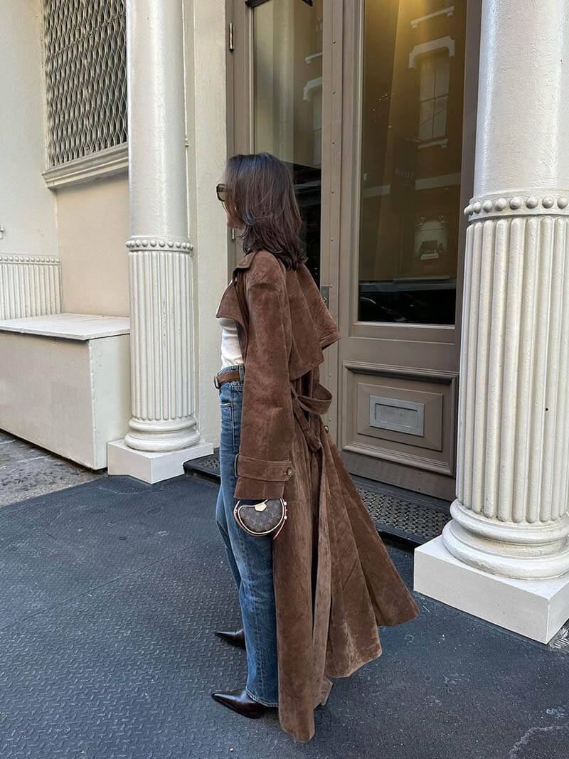 Suède Trenchcoat voor Dames – Klassieke Lange Jas met Ceintuur