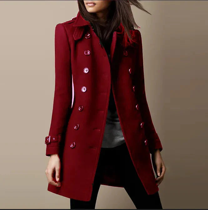 Dames trenchcoat van tweed – Middellang en dubbel rij knopen