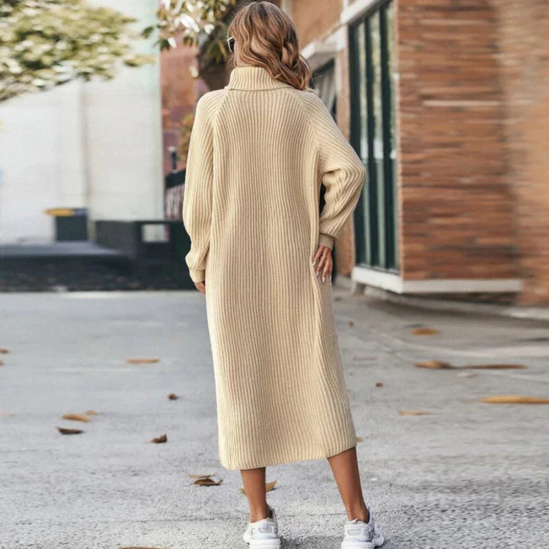Gebreide Midi Jurk met Lange Mouwen – Damesjurk met Col