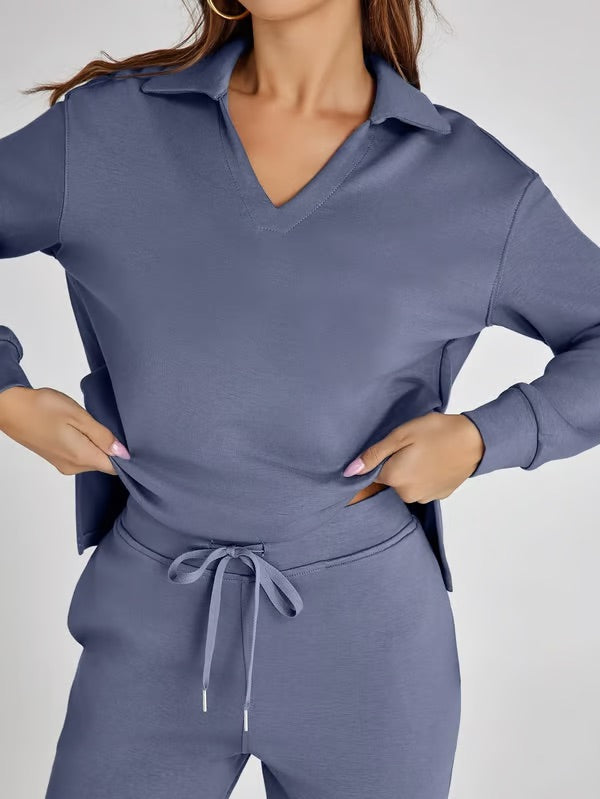 Damen Zweiteiliges Set mit V-Ausschnitt Sweatshirt und Weite Hose – Bequem & Stilvoll – Für Herbst/Winter