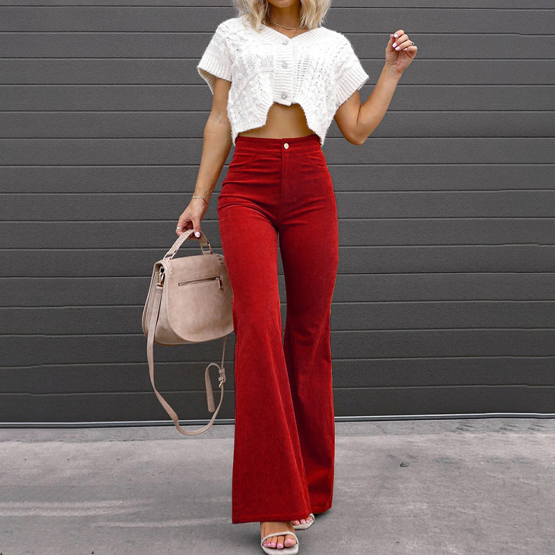 Dames Flared Broek met Hoge Taille – Corduroy en Retro Look