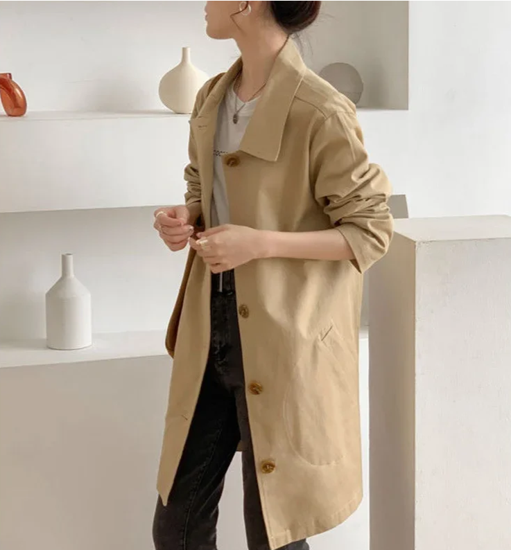 Dames Trenchcoat – Enkelrijig, Met Reverskraag en Knielengte Pasvorm