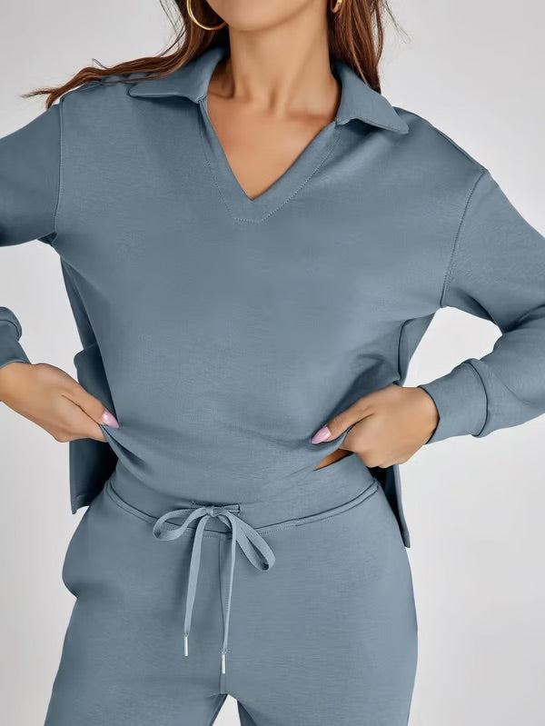 Damen Zweiteiliges Set mit V-Ausschnitt Sweatshirt und Weite Hose – Bequem & Stilvoll – Für Herbst/Winter