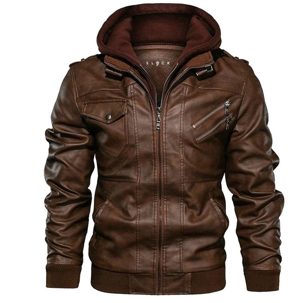 Heren leren jas met afneembare capuchon en quilt details
