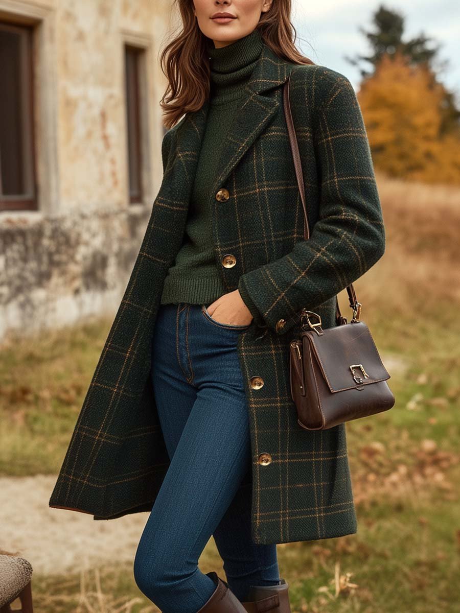 Dames Geruite Wolmantel met Knopen – Tijdloos & Elegant