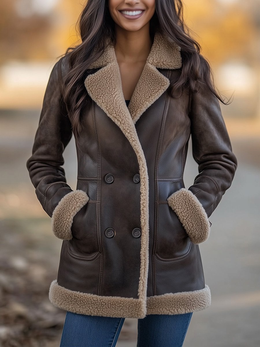 Vintage Warme Shearling Jas met Lapel en Zakken – Gemaakt van Lamswol en Schapenvacht