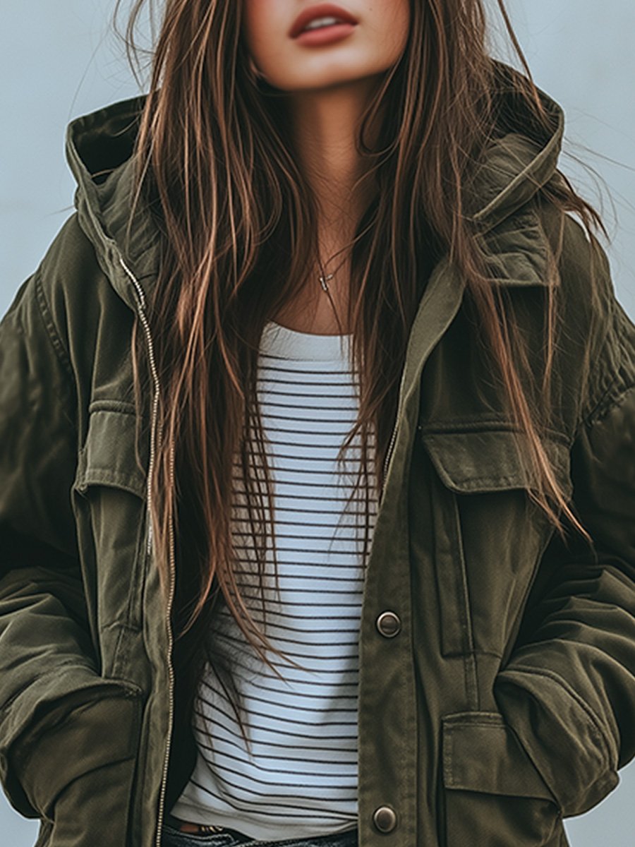 Vintage winddichte Arbeitsjacke mit Kapuze und mehreren Taschen – Für draußen & Freizeitgebrauch