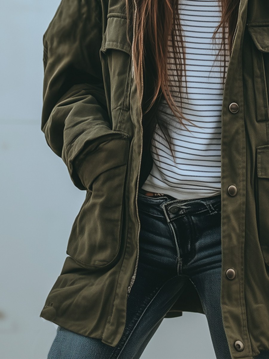 Vintage winddichte Arbeitsjacke mit Kapuze und mehreren Taschen – Für draußen & Freizeitgebrauch