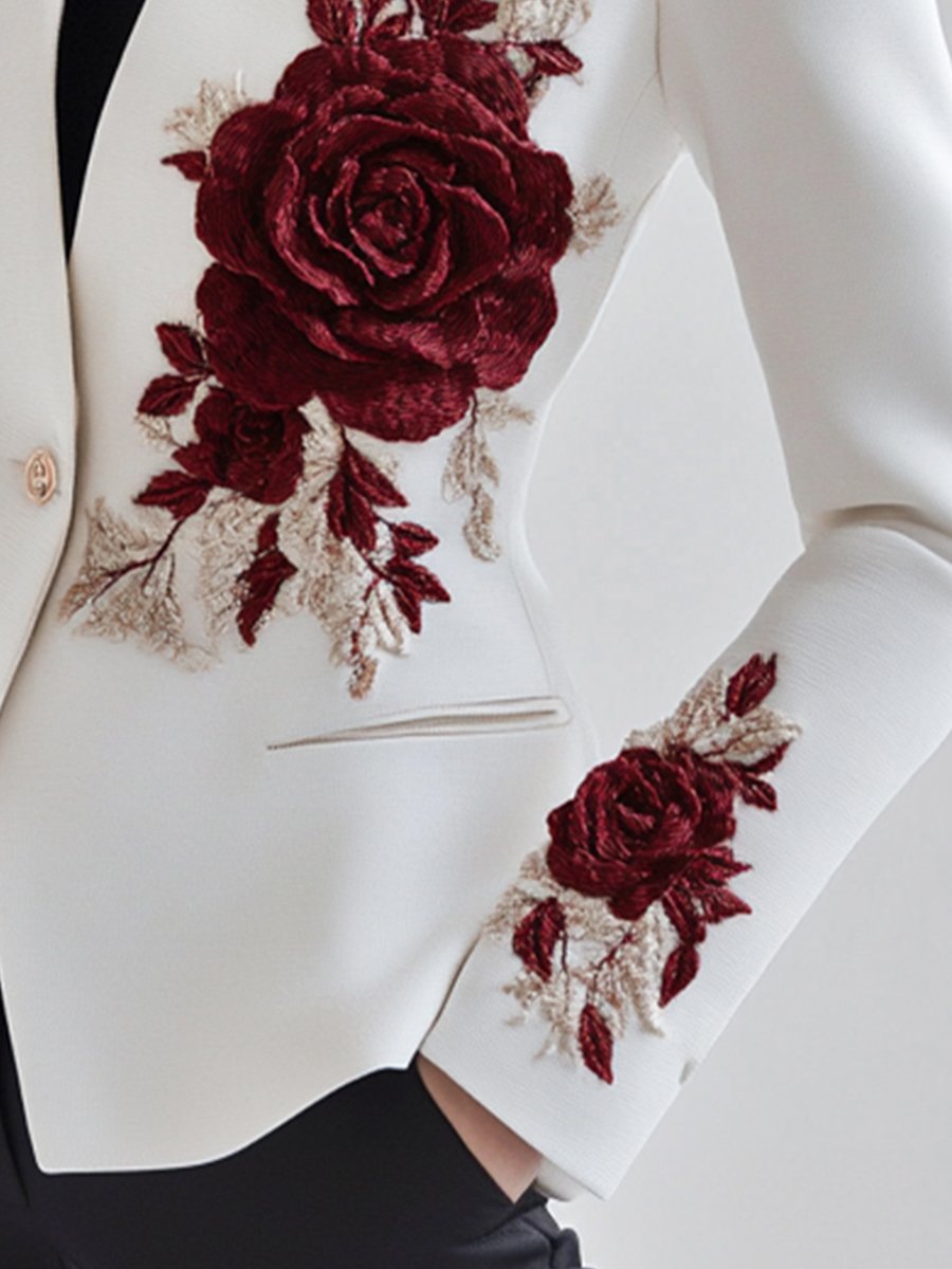 Witte Blazer met Rode Rozen Borduursel – Chic & Elegant