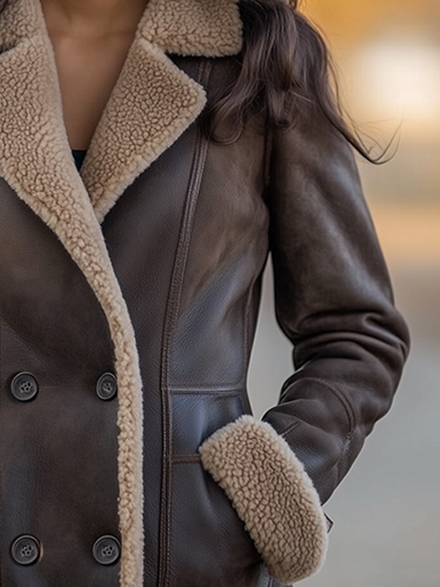 Vintage Warme Shearling Jas met Lapel en Zakken – Gemaakt van Lamswol en Schapenvacht