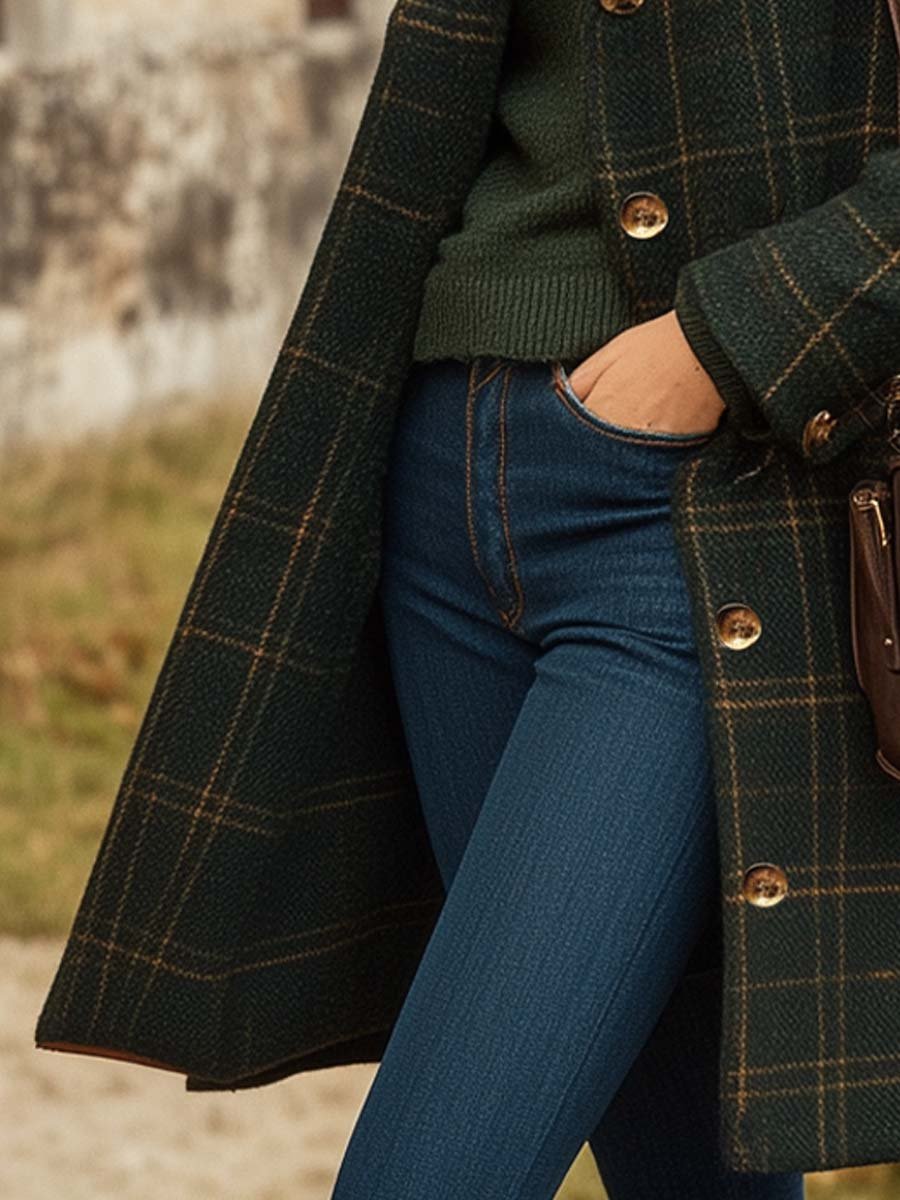 Dames Geruite Wolmantel met Knopen – Tijdloos & Elegant