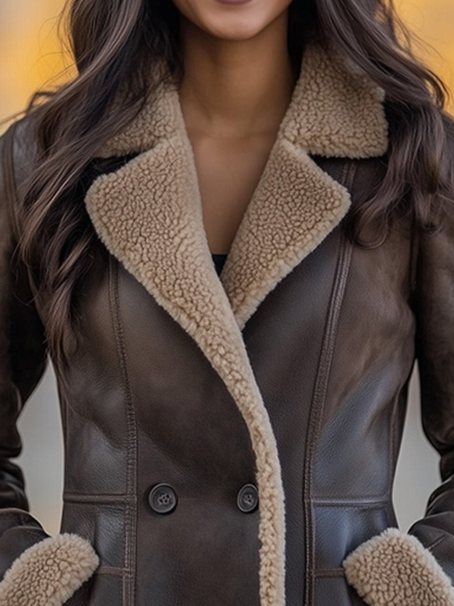 Vintage Warme Shearling Jas met Lapel en Zakken – Gemaakt van Lamswol en Schapenvacht