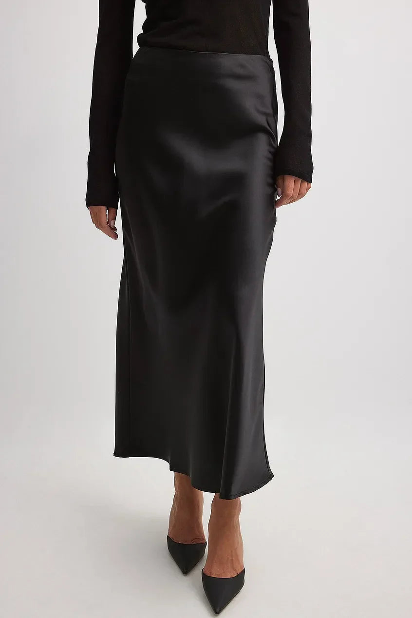 Satijnen Midi Rok met Hoge Taille – Glanzende Elegante Damesrok