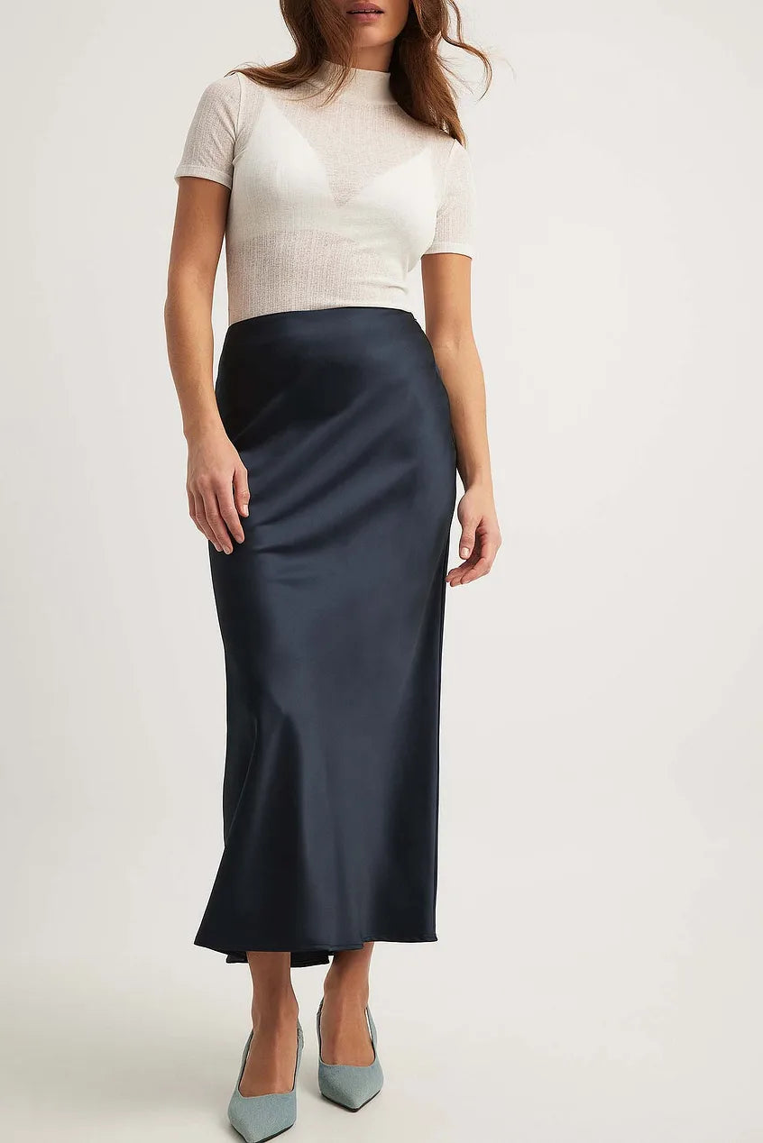 Satijnen Midi Rok met Hoge Taille – Glanzende Elegante Damesrok