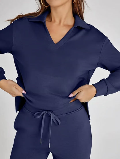 Damen Zweiteiliges Set mit V-Ausschnitt Sweatshirt und Weite Hose – Bequem & Stilvoll – Für Herbst/Winter