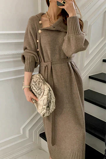 Damen Asymmetrisches Kleid mit langen Ärmeln und Knöpfen