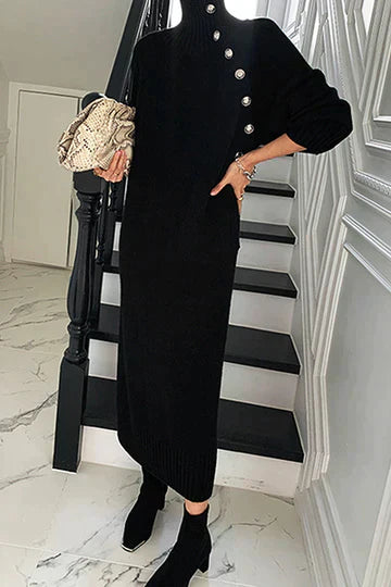 Damen Asymmetrisches Kleid mit langen Ärmeln und Knöpfen