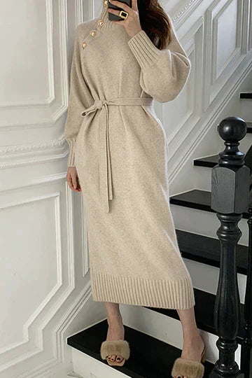 Damen Asymmetrisches Kleid mit langen Ärmeln und Knöpfen