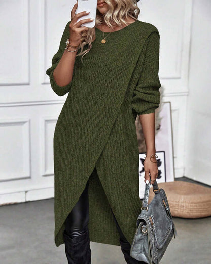 Dames Gebreide Trui Jurk met Patchwork en Lange Mouwen