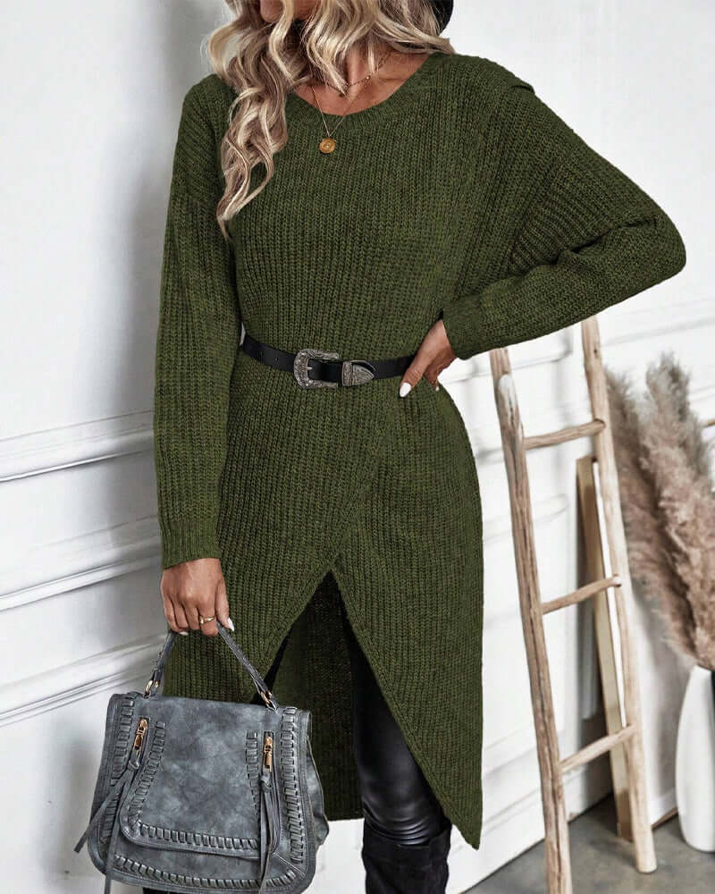Dames Gebreide Trui Jurk met Patchwork en Lange Mouwen