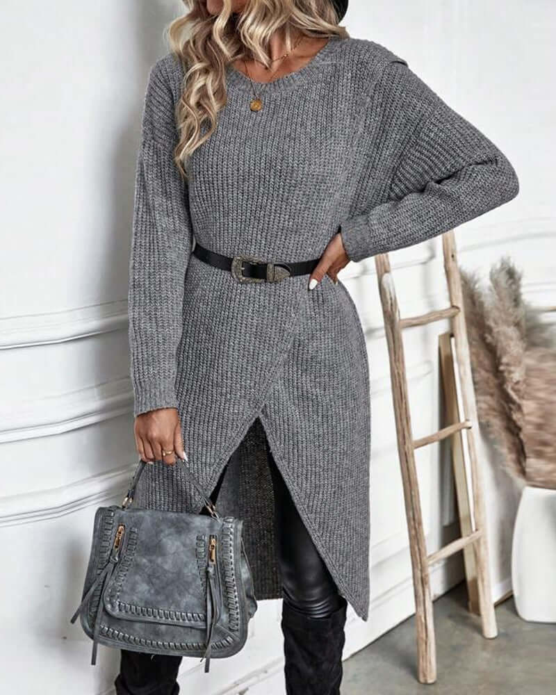 Dames Gebreide Trui Jurk met Patchwork en Lange Mouwen