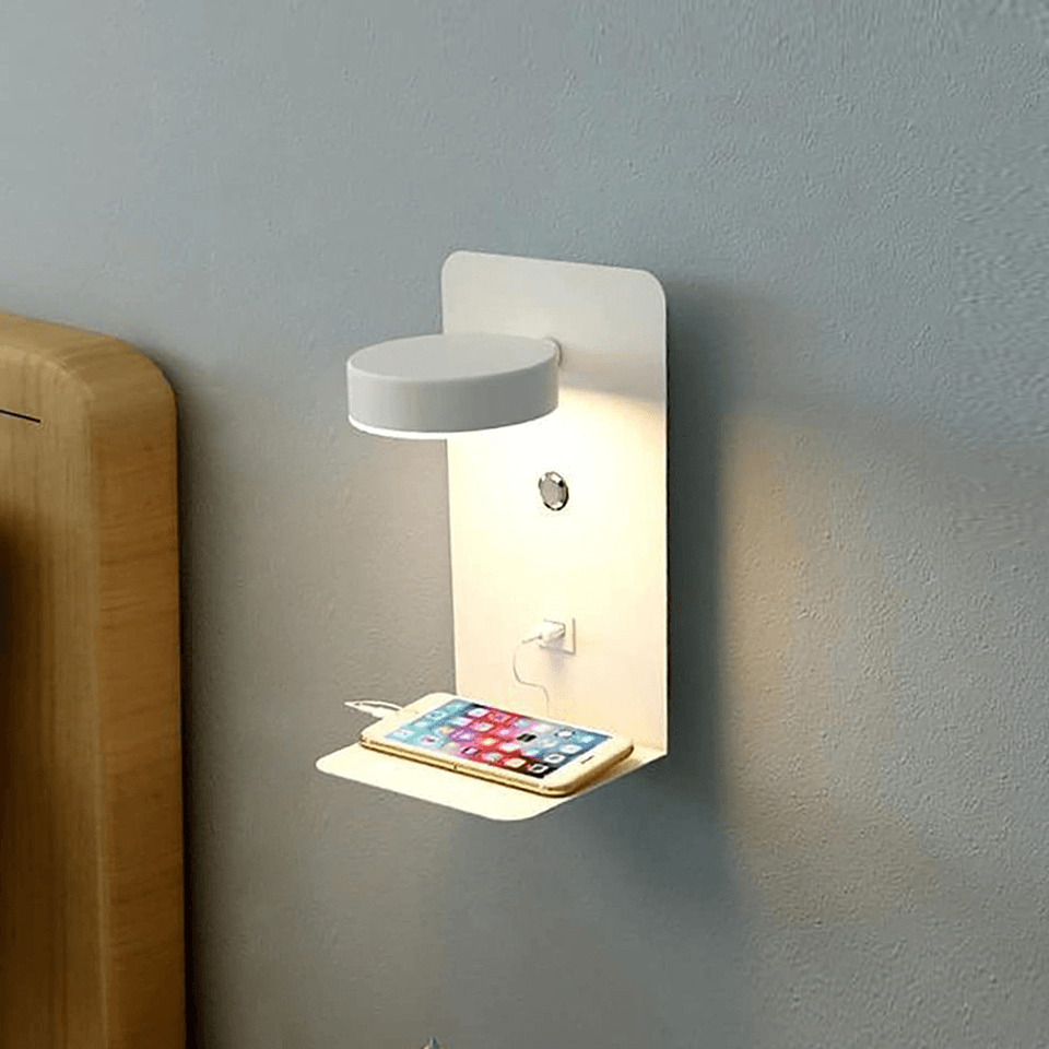 Nachtlamp met USB Oplader – 330° Draaibaar – Wandlamp met Plank