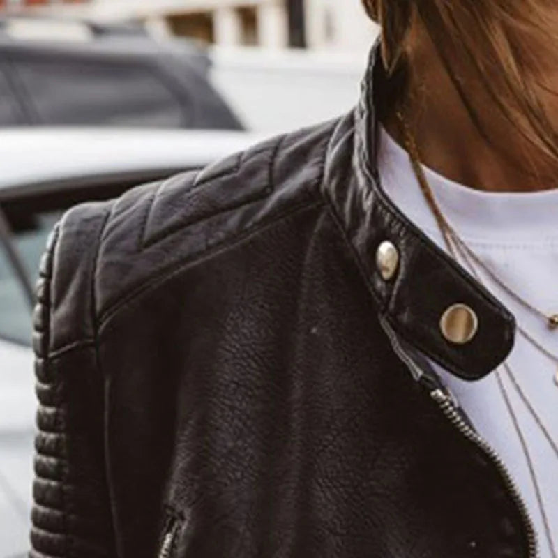 Dames Casual Zwarte Bikerjas met Lange Mouwen