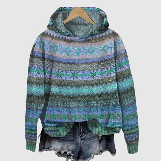 Dames gebreide hoodie met Noors patroon – Zachte warme trui met capuchon