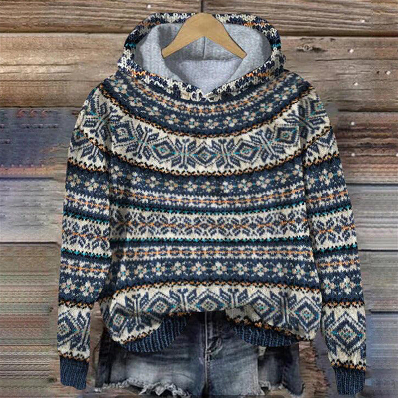 Dames gebreide hoodie met Noors patroon – Zachte warme trui met capuchon