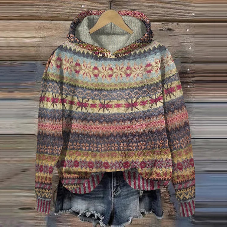 Dames gebreide hoodie met Noors patroon – Zachte warme trui met capuchon