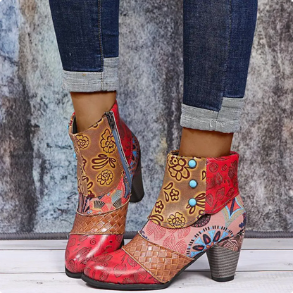 Dames Patchwork Enkellaarzen met Hak - Kleurrijk en Trendy