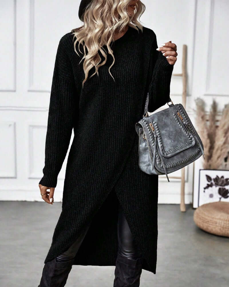 Dames Gebreide Trui Jurk met Patchwork en Lange Mouwen