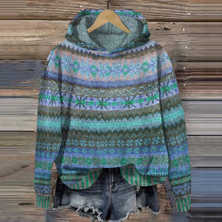 Dames gebreide hoodie met Noors patroon – Zachte warme trui met capuchon