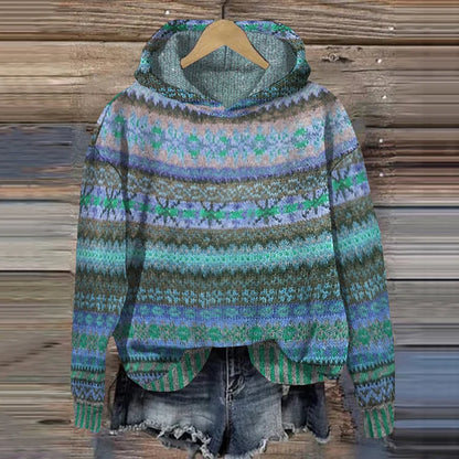 Dames gebreide hoodie met Noors patroon – Zachte warme trui met capuchon