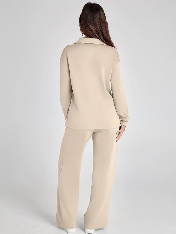 Damen Zweiteiliges Set mit V-Ausschnitt Sweatshirt und Weite Hose – Bequem & Stilvoll – Für Herbst/Winter