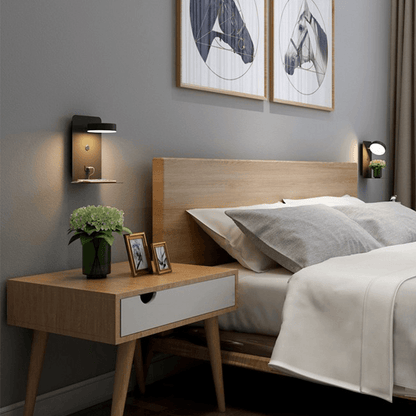 Nachtlamp met USB Oplader – 330° Draaibaar – Wandlamp met Plank