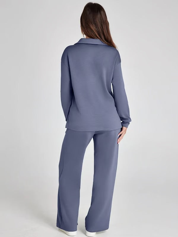 Damen Zweiteiliges Set mit V-Ausschnitt Sweatshirt und Weite Hose – Bequem & Stilvoll – Für Herbst/Winter